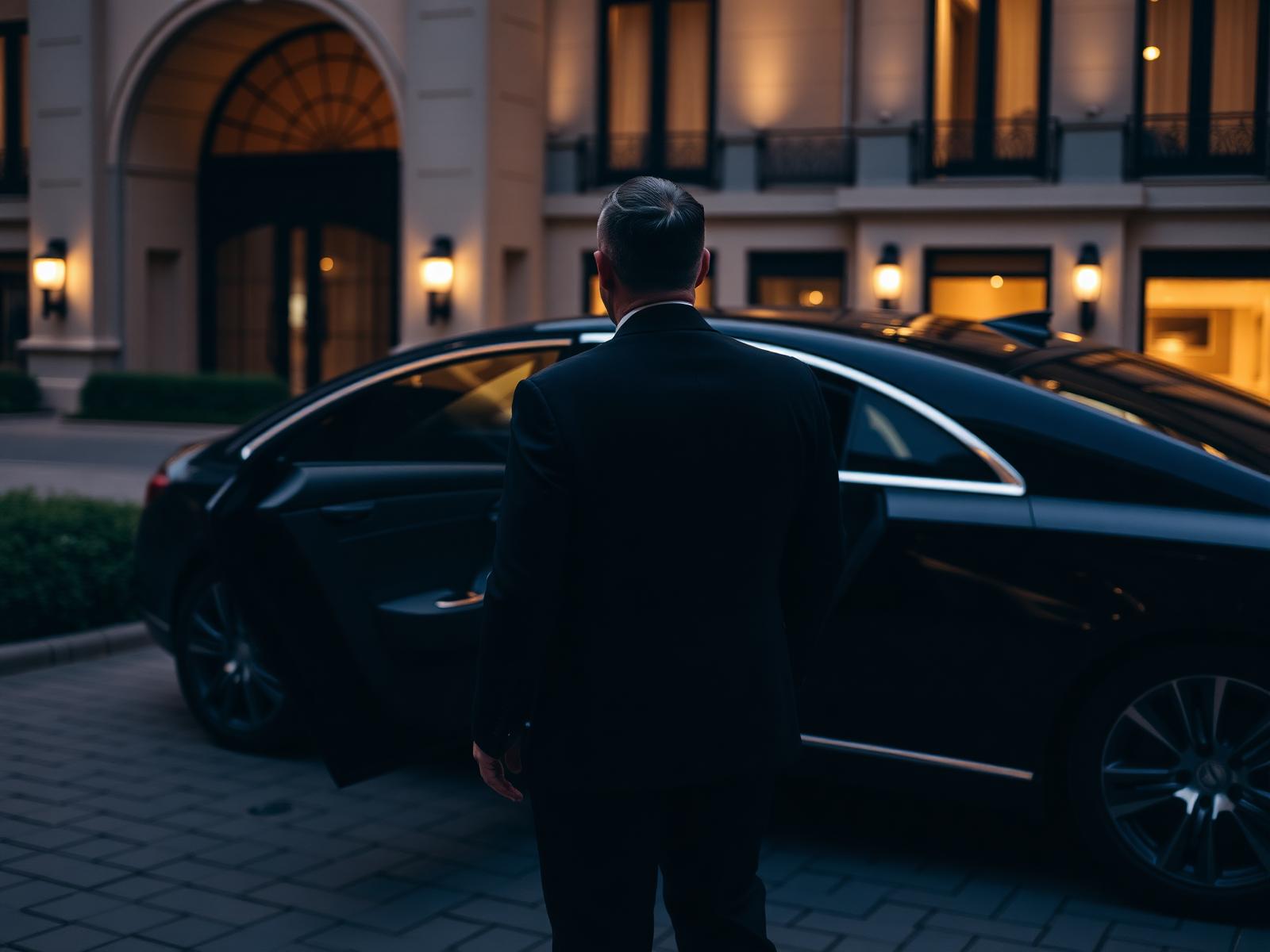 A chauffeur in a dark tailored suit opening the rear door of a black Mercedes S-Class at a hotel entrance.