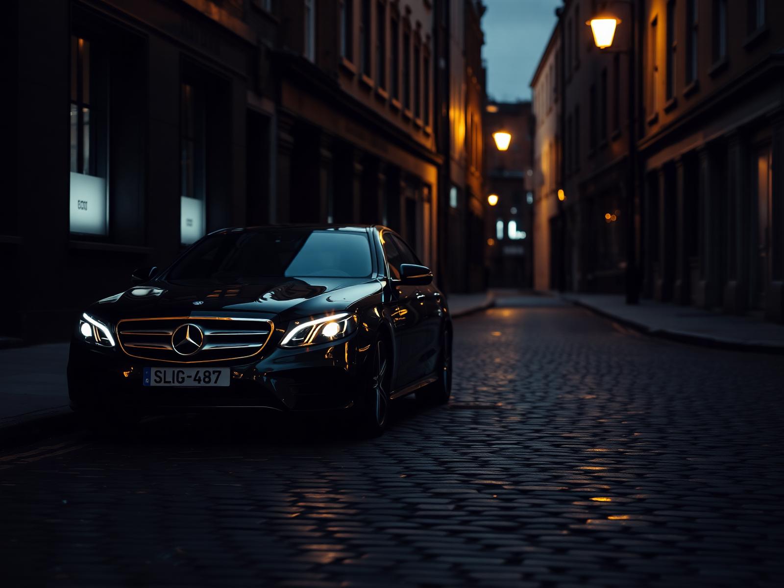 A single black Mercedes on a quiet Manchester side street at dusk.