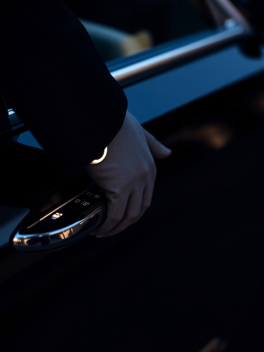 Close-up of a chauffeur's hand on the door handle of a black Mercedes.